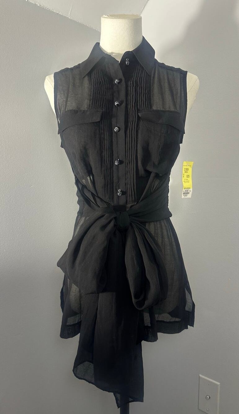 Etcetera Black Sheer Tunic Sleeveless Blouse Bow Sz 4 Dark Coquette Romantic